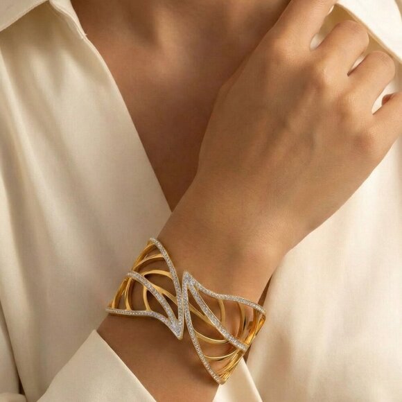 Gold Leaf Cuff Hinged Bracelet | 18K Gold Plated Stainless Steel | Sparkling - Picture 3 of 11